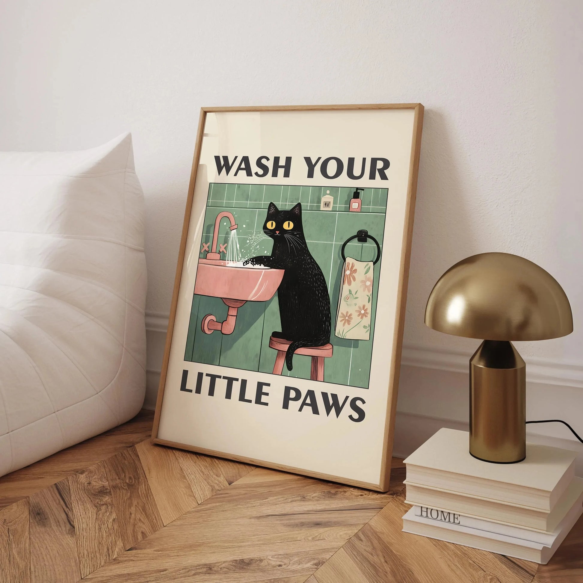 Kawaii cat washing paws poster for kids’ room and modern home decor

