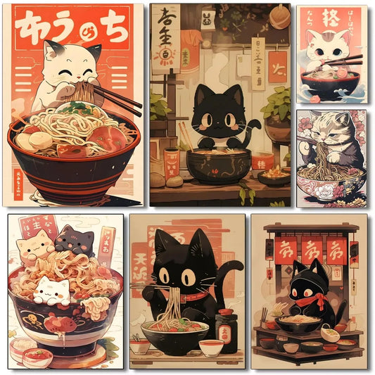 Kawaii Japanese ramen cat poster for kitchen or cafe wall decor

