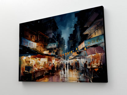 Lively Night Market Watercolor Print - Matte Canvas