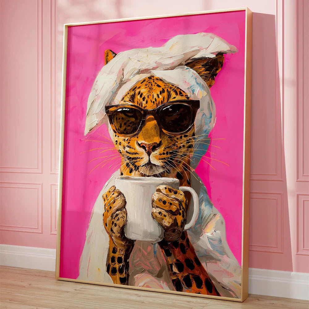 Modern leopard drinking coffee colorful dopamine wall art for living room decor

