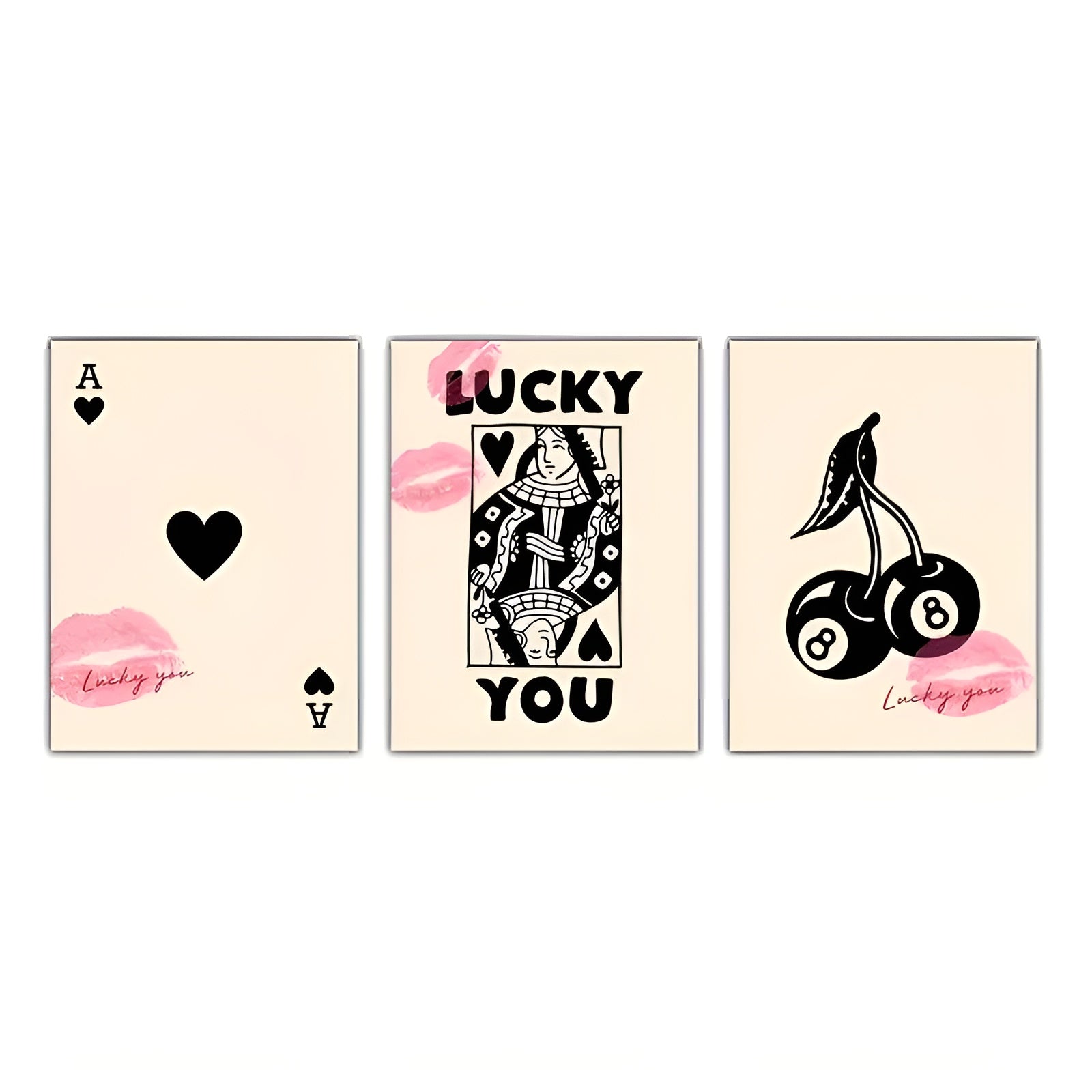 Stylish canvas wall art set featuring Lucky You, Red Heart Queen, and King Card designs
