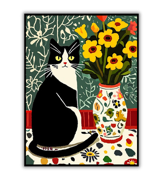 Matisse-inspired cat poster for modern home decor, colorful cat prints, and abstract art lovers' wall art.