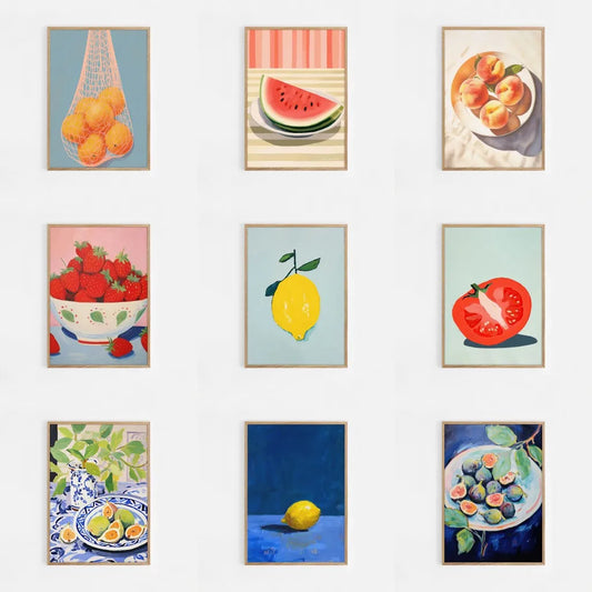 Maximalist abstract fruit wall art print with vibrant oranges