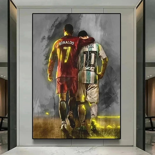 Watercolour football poster of Messi and Ronaldo for home decor