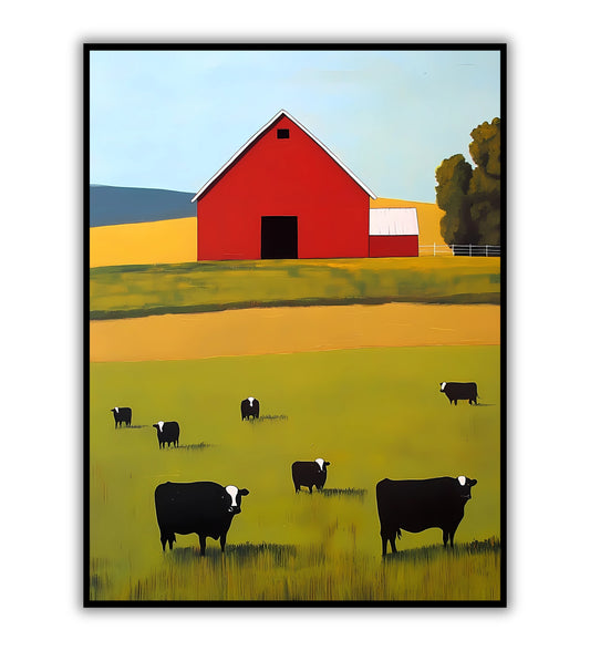 Mid-century barnscape poster for rustic wall decor.