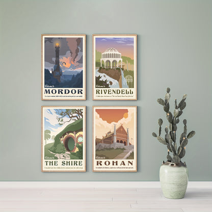 Middle Earth landscape canvas wall art set of 4 Lord of the Rings decor
