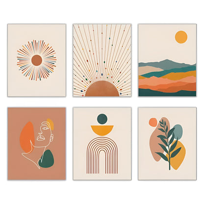 Minimalist boho wall art set of 6 with orange palm leaf and geometric sun design for living room decor
