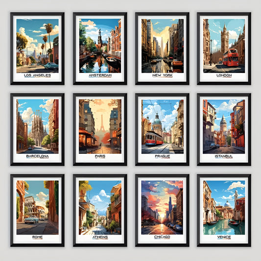 Minimalist city street art prints with iconic cityscapes, no frame included