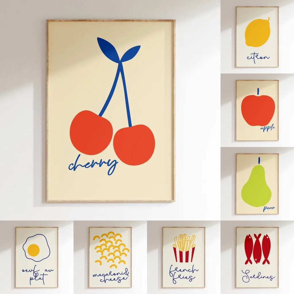 Minimalist kitchen wall art with fruits and drinks illustration