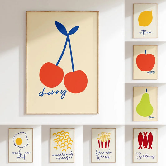 Minimalist kitchen wall art with fruits and drinks illustration