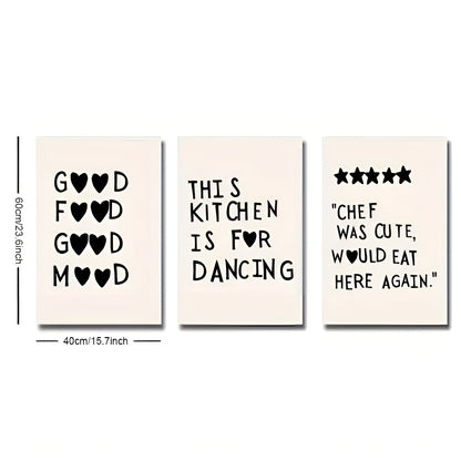 Minimalist kitchen wall art set with trendy cooking-themed canvas prints for modern home decor.
