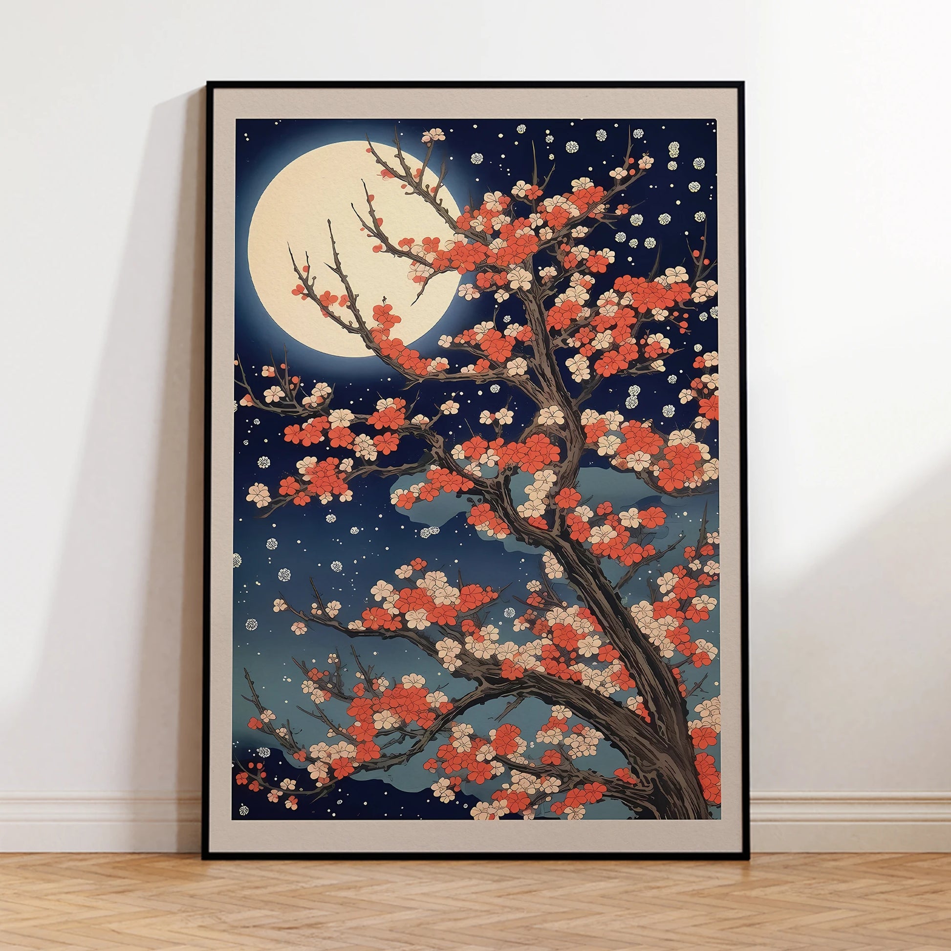 Contemporary sakura tree wall art poster with moonlight theme for living room

