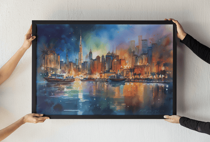 Nightscapes of Dubai Watercolor Print - Matte Canvas