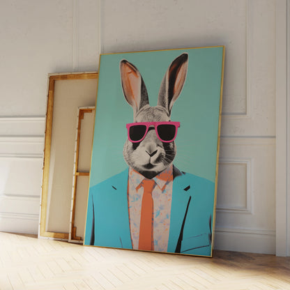 Modern abstract rabbit with sunglasses portrait canvas wall art

