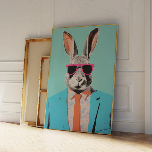 Modern abstract rabbit with sunglasses portrait canvas wall art


