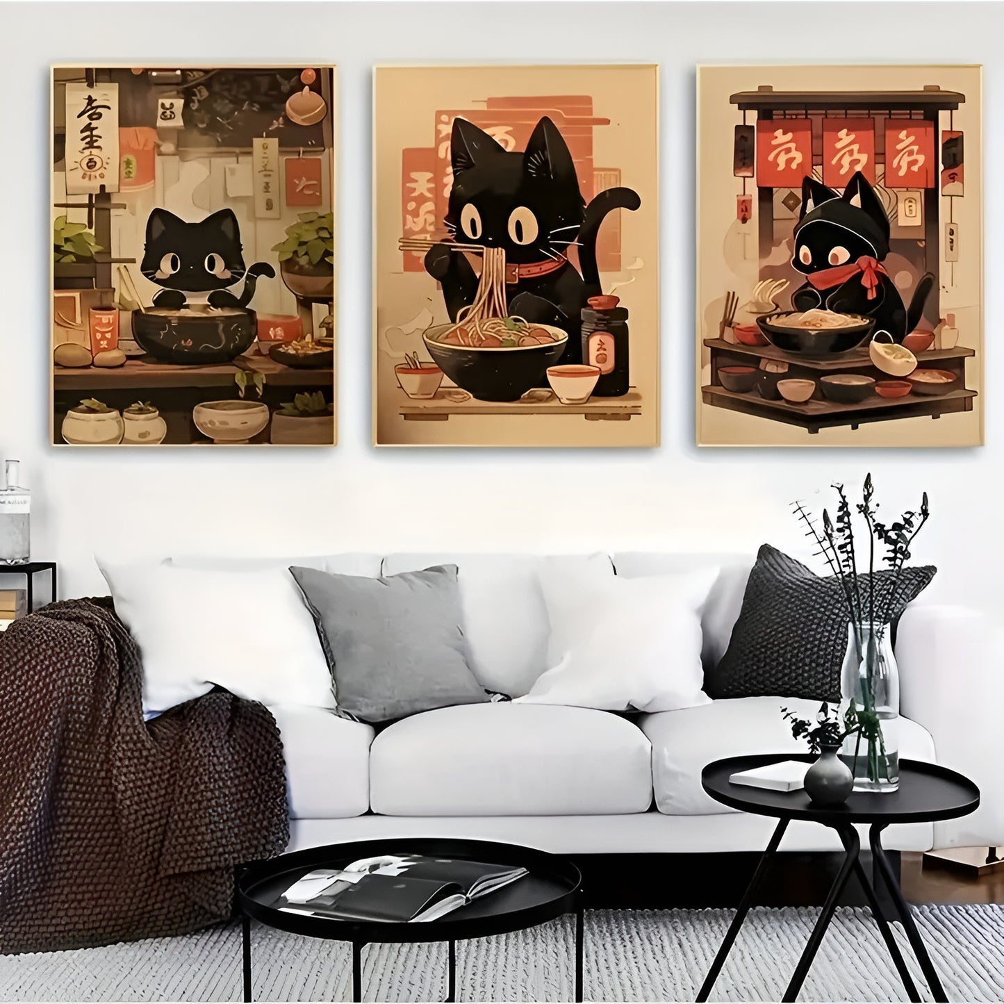 Modern black cat noodle wall art set, perfect for living room aesthetic
