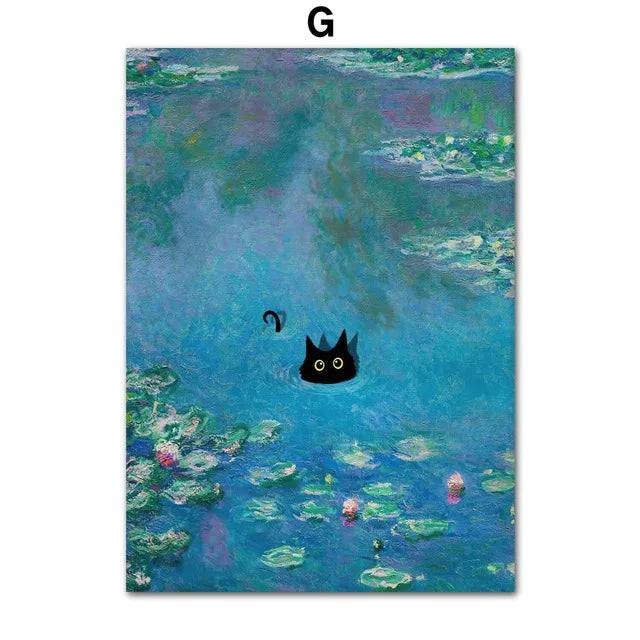 Contemporary black cat poster with Van Gogh and Matisse Monet sunflowers art for room decor
