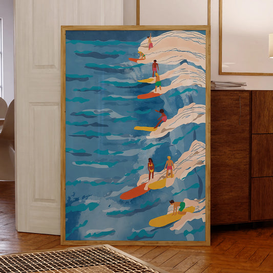 Modern blue waves wall art print for living room and bedroom decor

