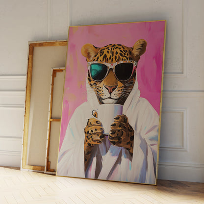 Trendy dopamine wall art with pink leopard and beverage elements

