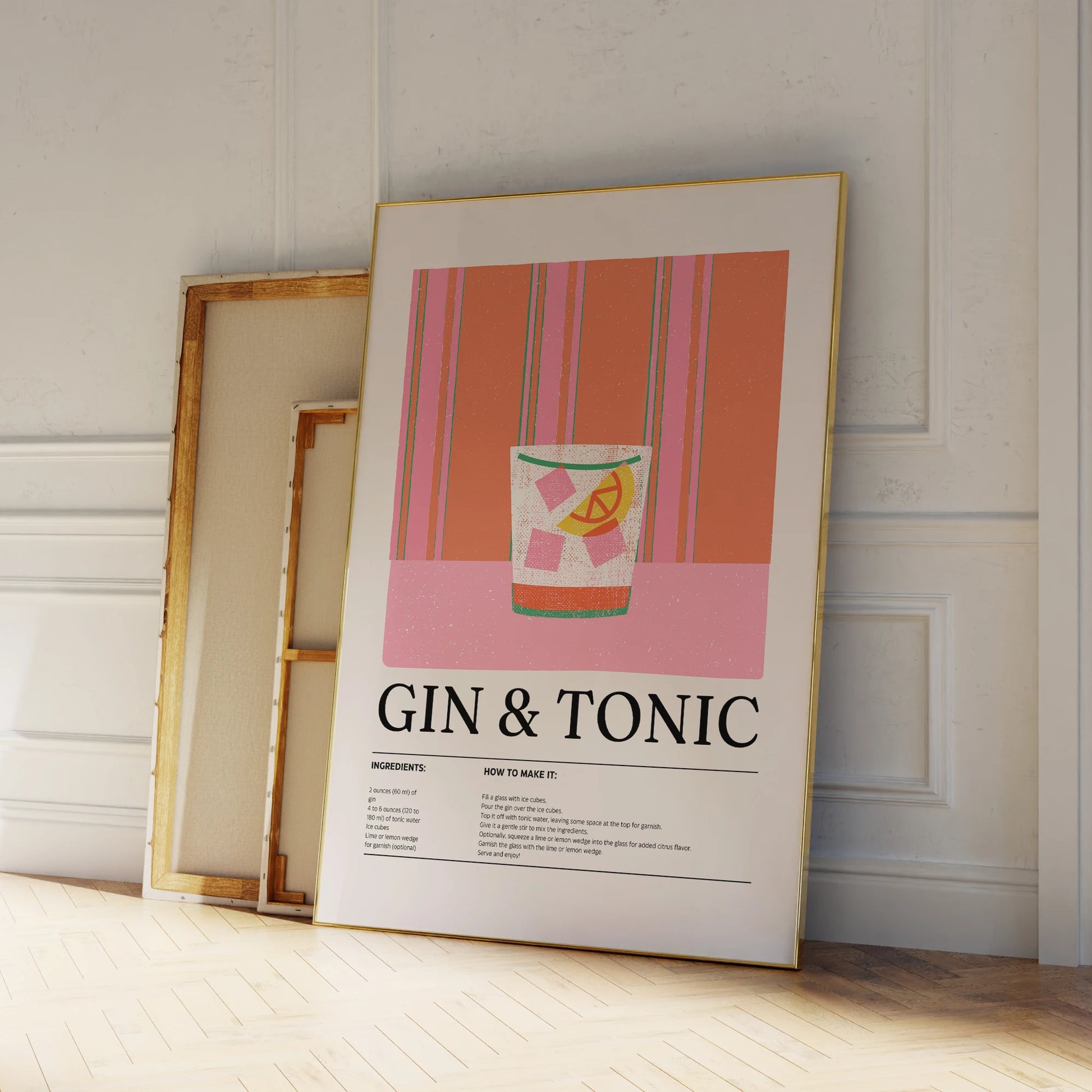 Modern minimalist gin and tonic cocktail wall art for living room decor


