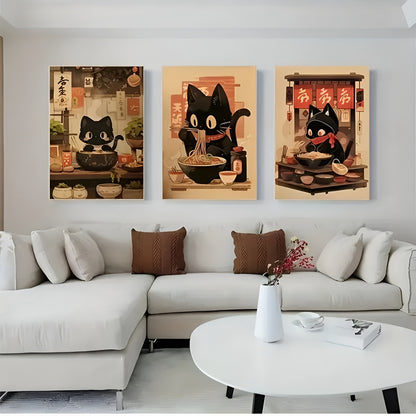 Modern Japanese black cat noodle canvas art for living room decor
