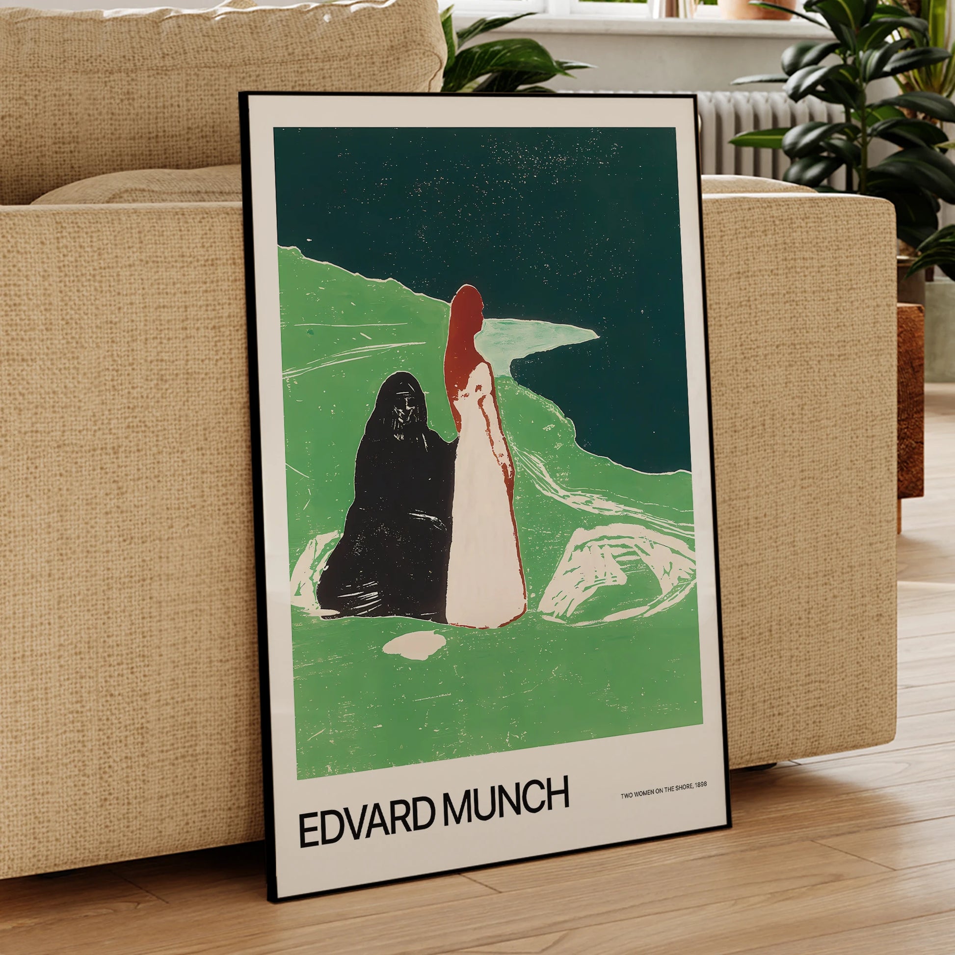 Edvard Munch-inspired wall art with two women by the water for modern home design


