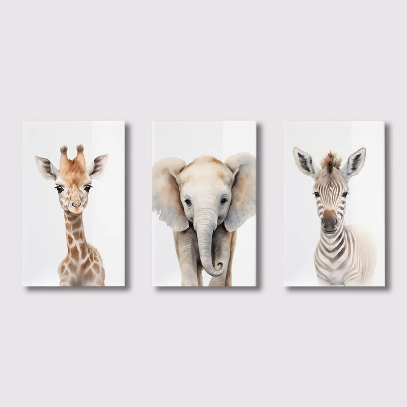 Cute baby giraffe, elephant, and lion poster set for nursery walls
