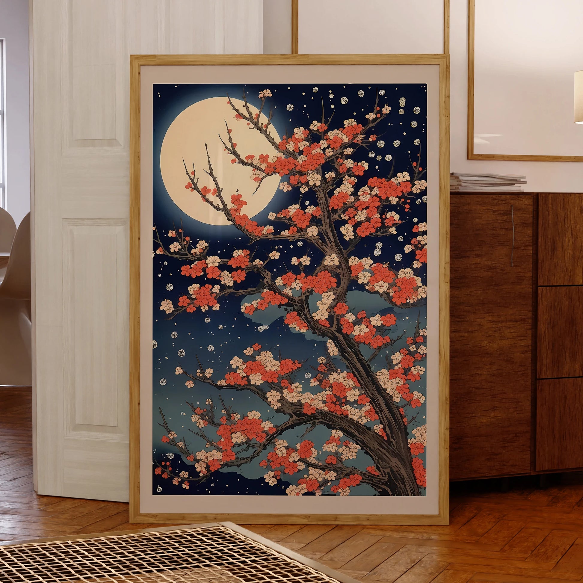 Modern sakura tree wall art with moonlight aluminum framed canvas for living room decor

