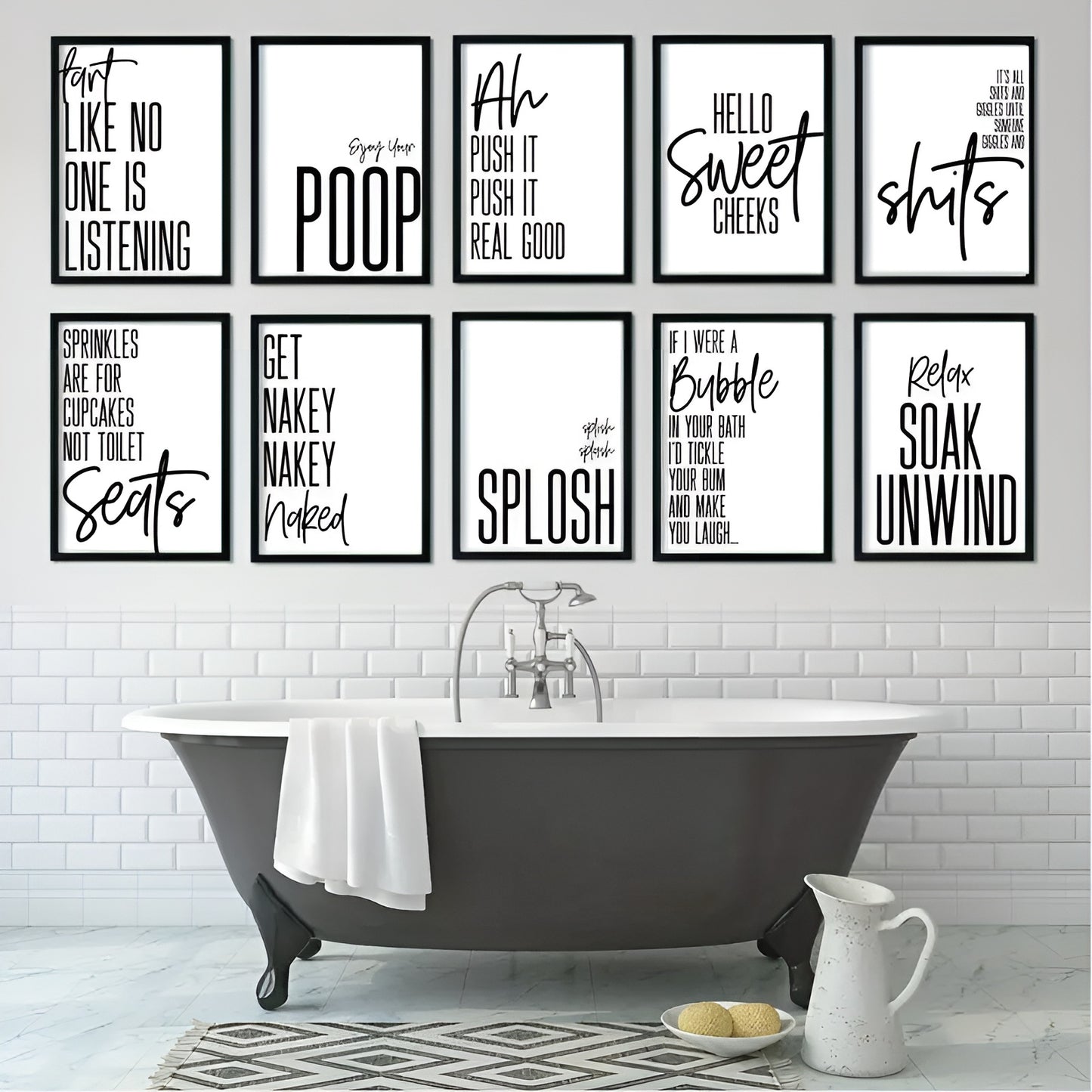 Modern unframed typography bathroom quote wall art for dorm and indoor use
