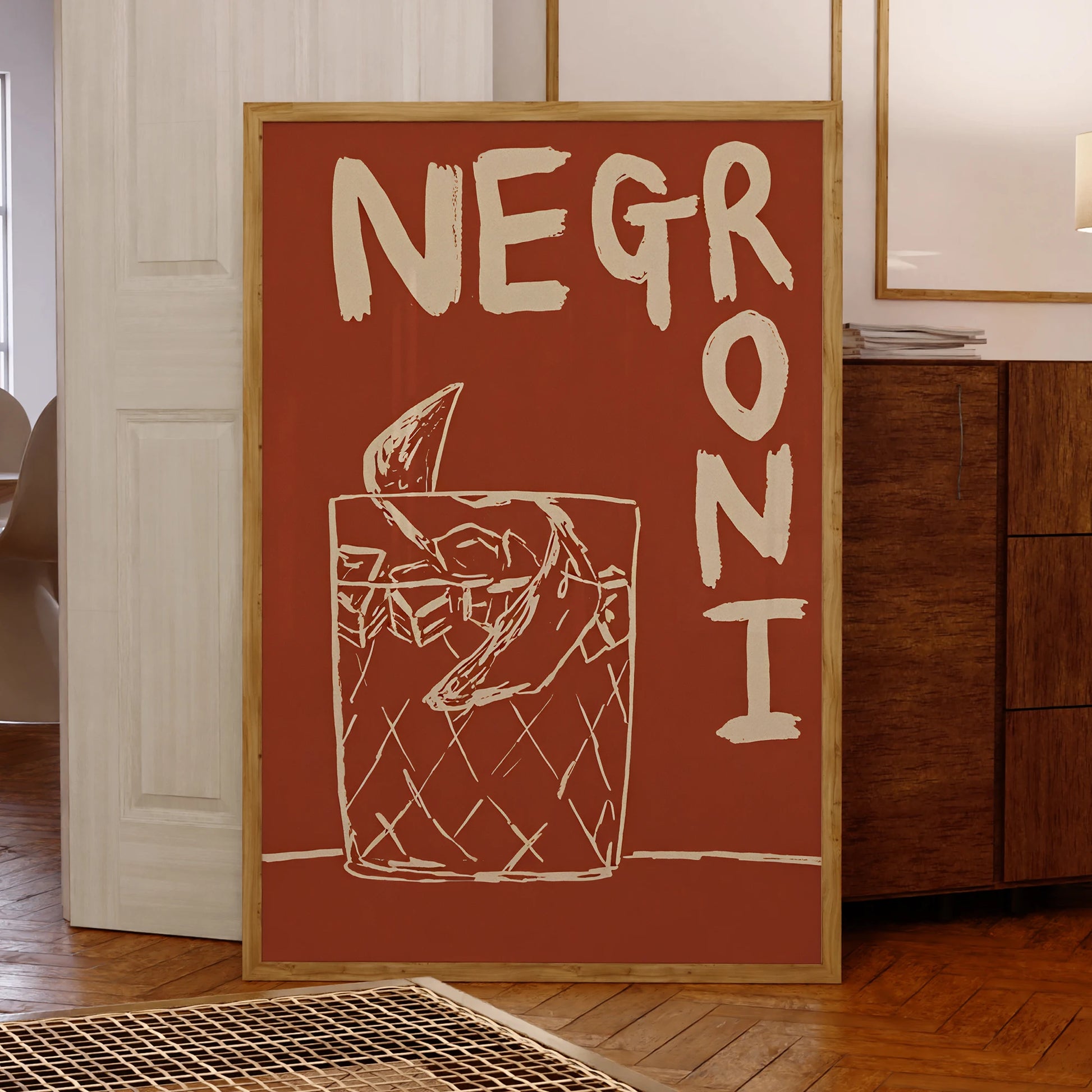 Modern Negroni cocktail wall art print for bar and living room decor

