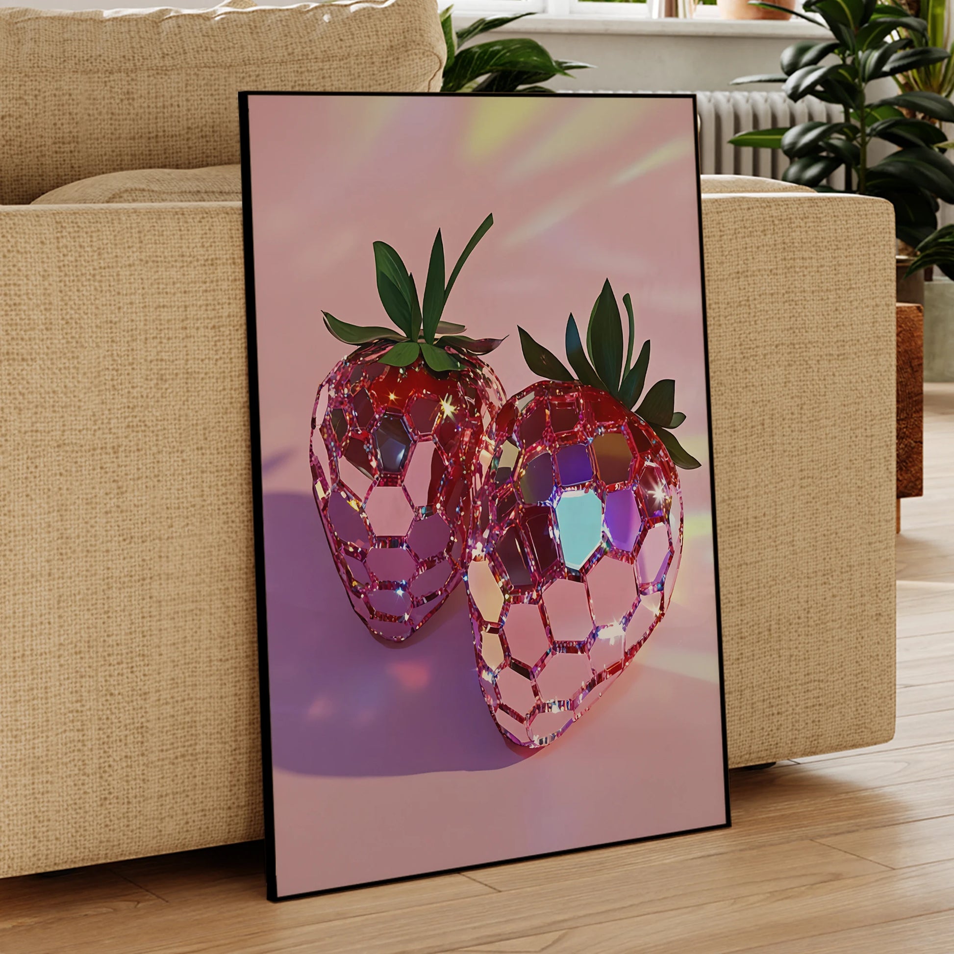 Pink fruit sparkle wall art for living room decor

