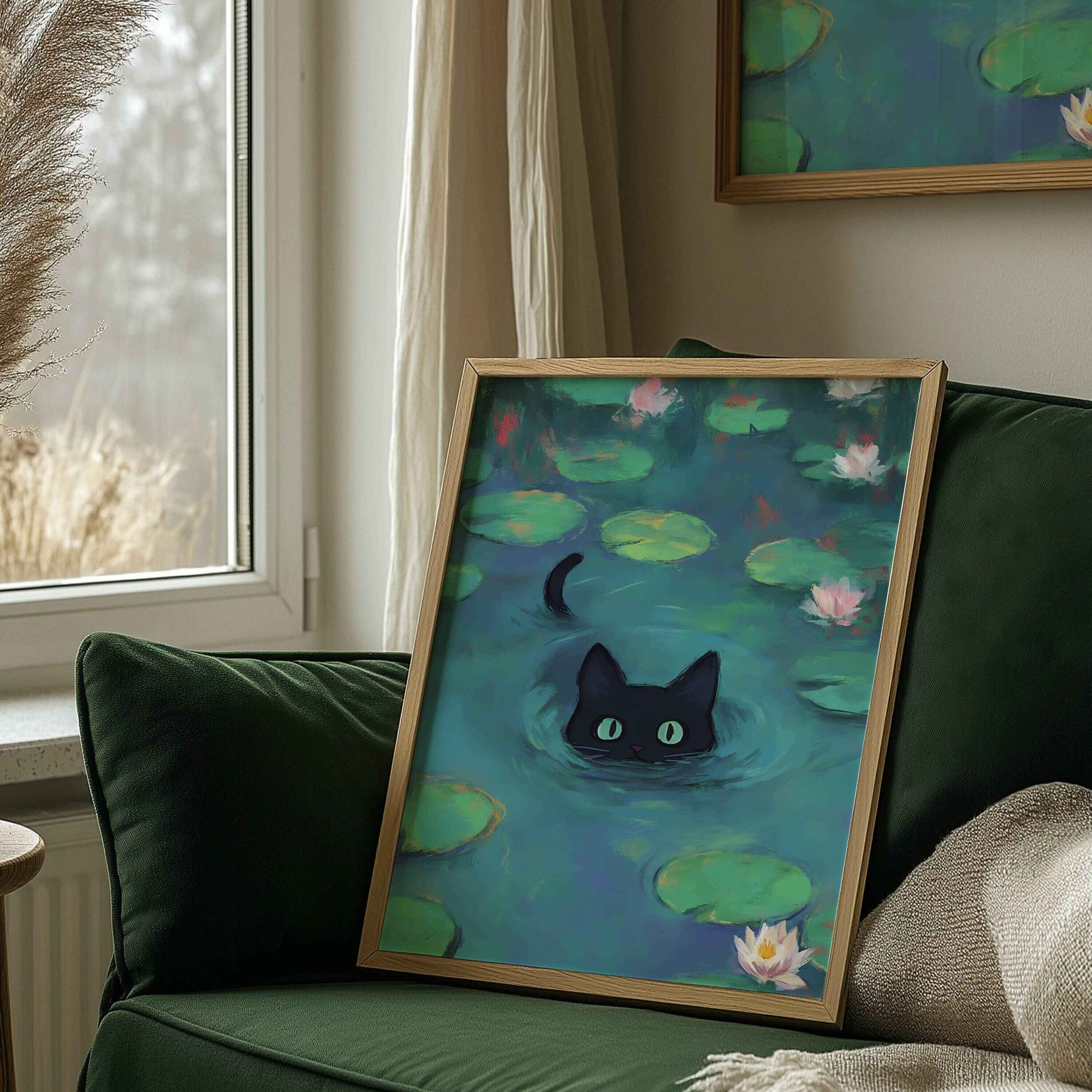 Elegant Monet-style print with a swimming cat design for creative interiors.	