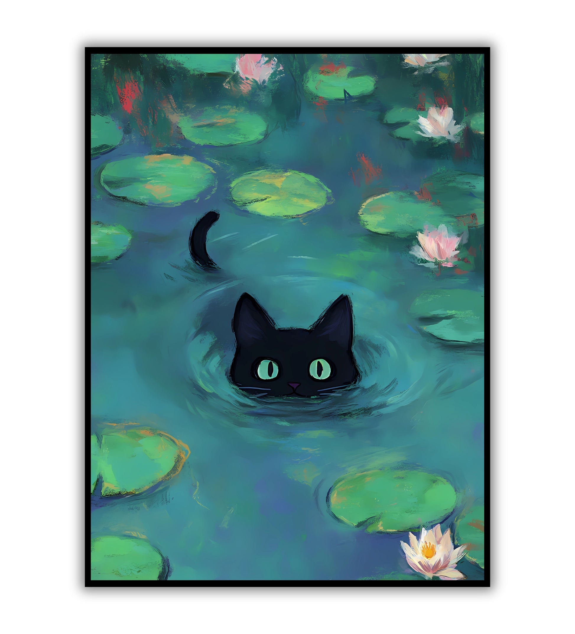 Monet’s Swimming Cat poster for artistic and nature-inspired decor.	