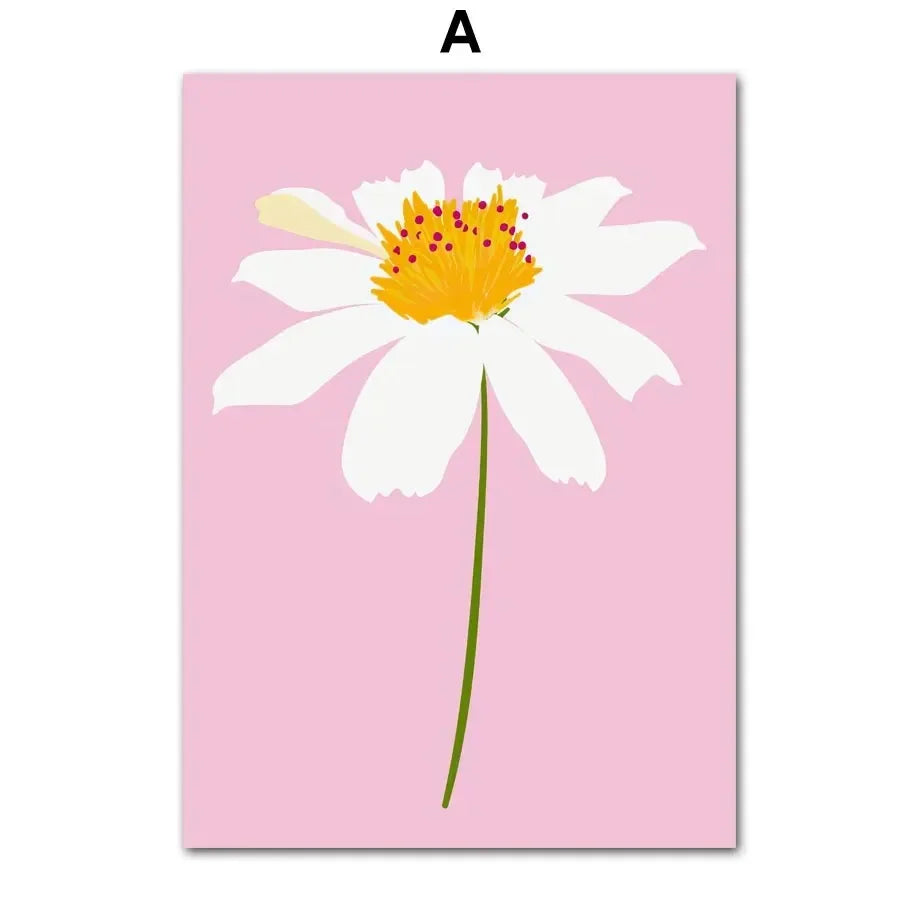 Unique home decor poster with vibrant lemons, daisies, and strawberries in a vase.
