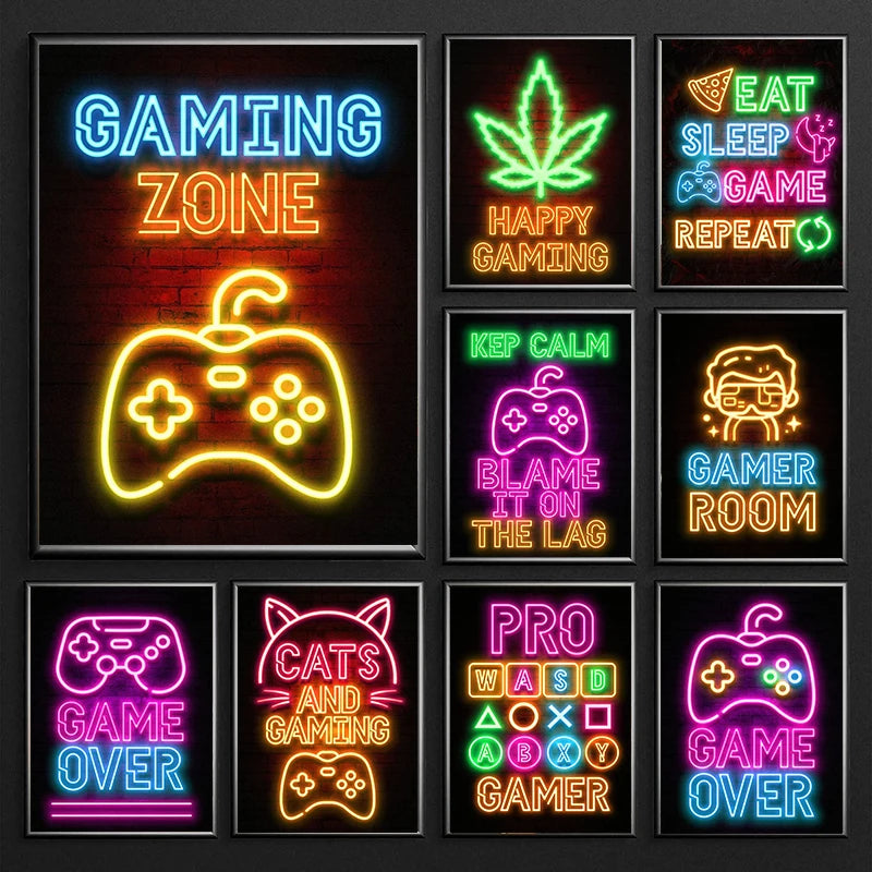 Neon art happy gaming zone poster print for gamers
