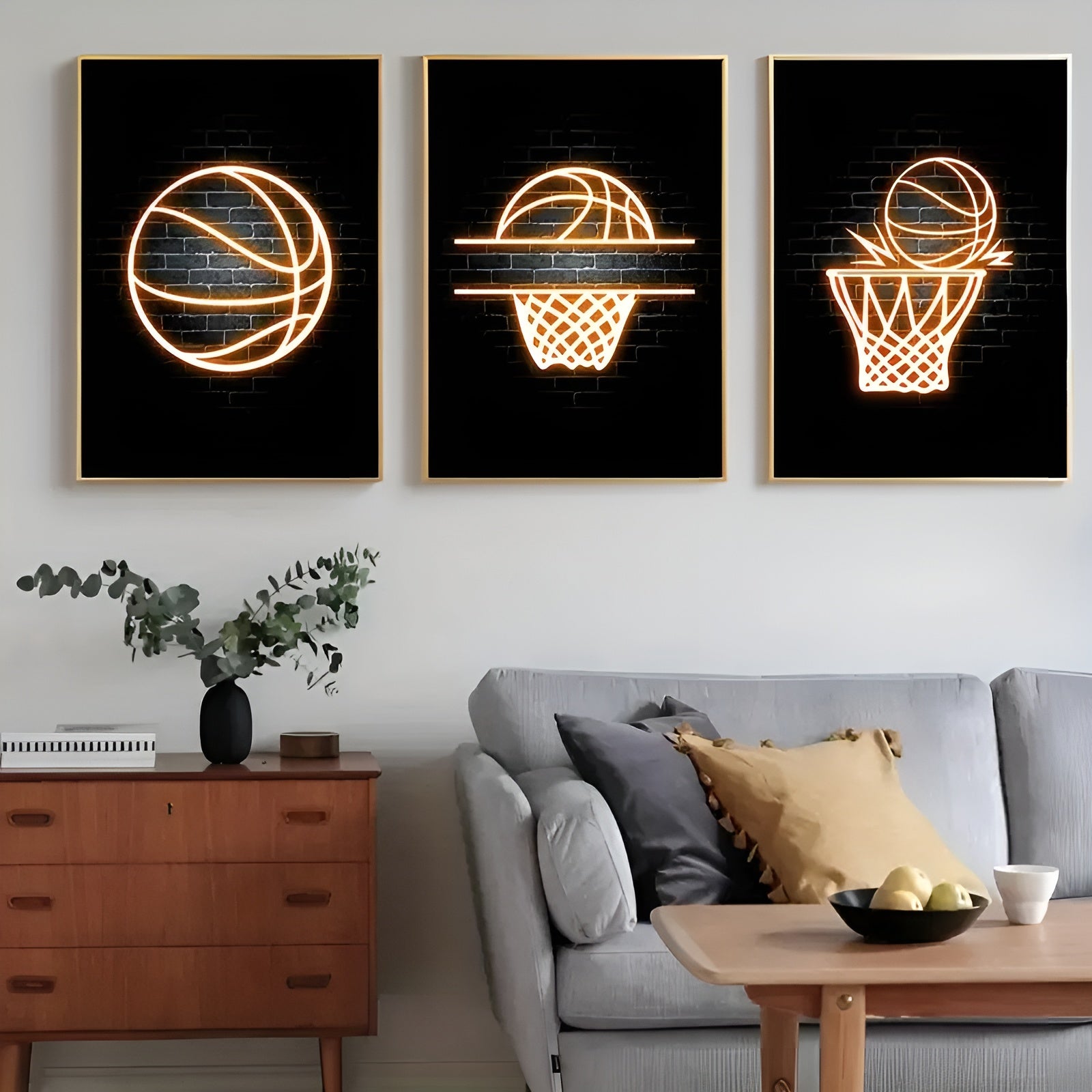 Neon light basketball poster set for teenage boy room decor
