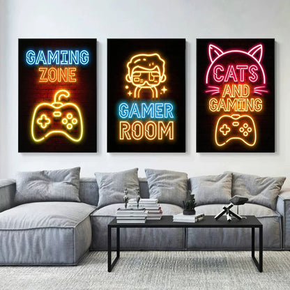 Neon light-inspired gaming poster for boys bedroom wall art
