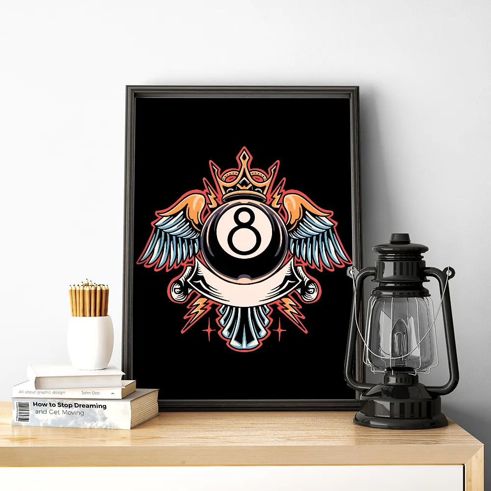 No.8 ball pool-themed black and white poster for game rooms
