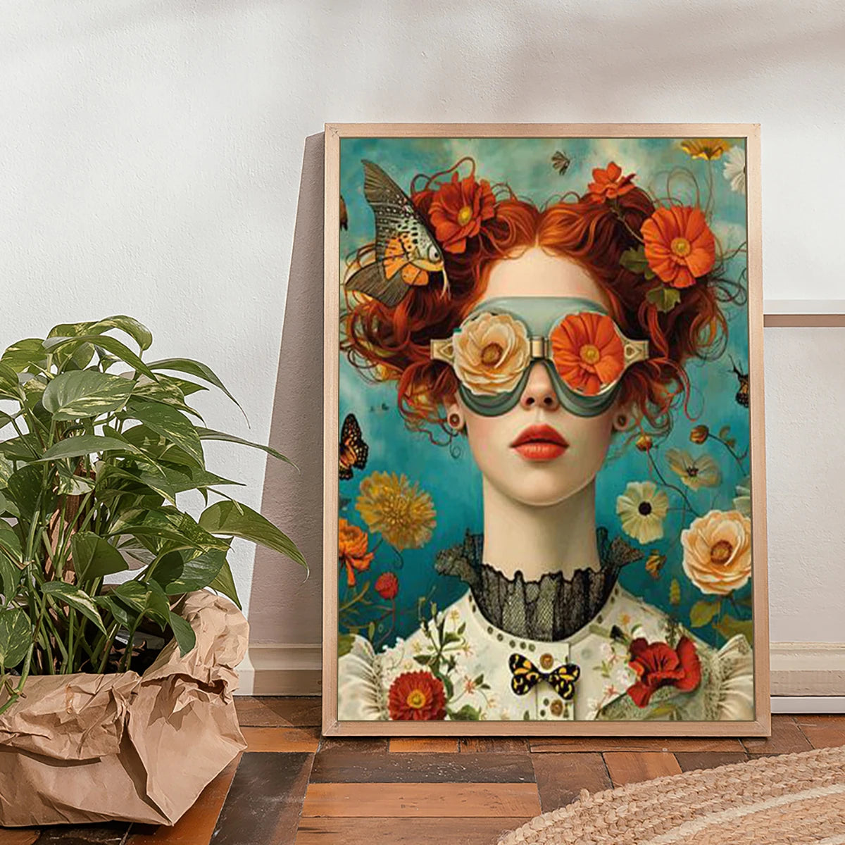 Elegant wall decor of woman with glasses and floral crown

