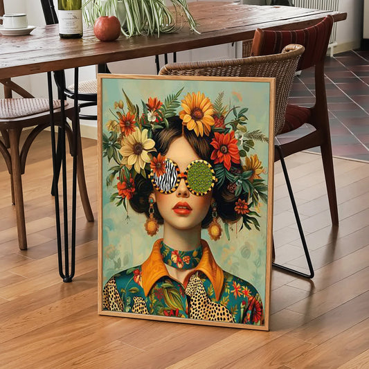 Nordic boho woman portrait wall art with floral glasses and butterfly

