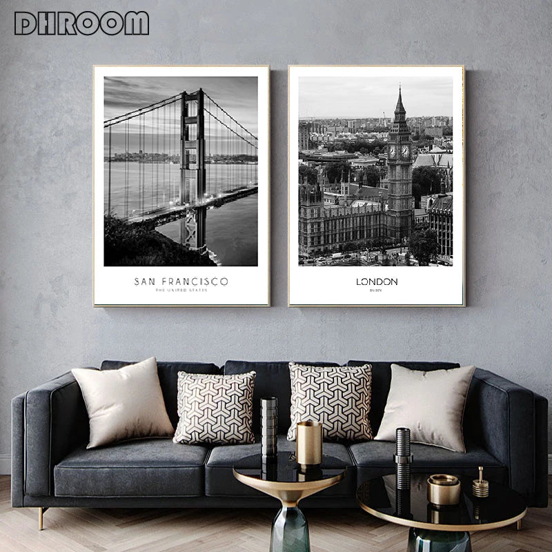 Monochrome world city wall art print for living room and bedroom decoration

