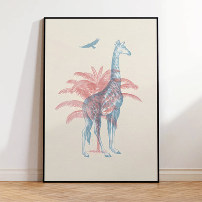 Colorful giraffe illustration wall poster for kid-friendly interiors

