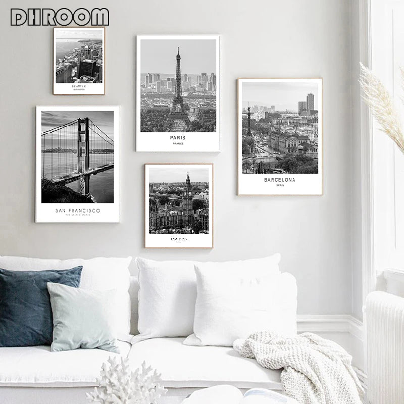 Nordic style cityscape poster featuring Paris London and New York skyline


