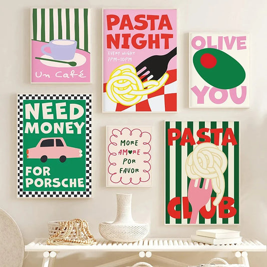 Colorful food quote poster for pasta lovers in modern kitchen decor

