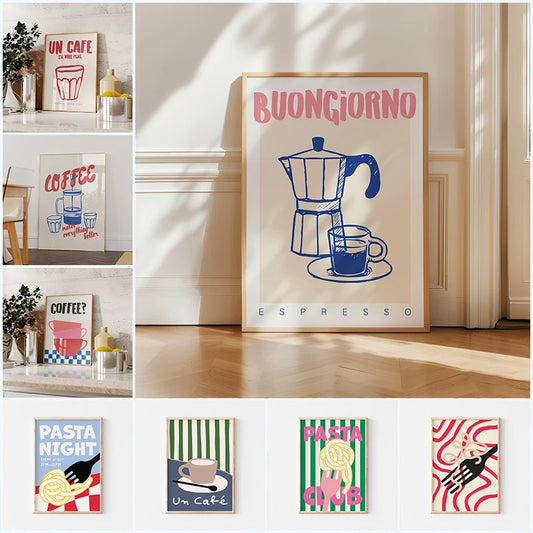 modern retro pasta and coffee wall art canvas for kitchen decor

