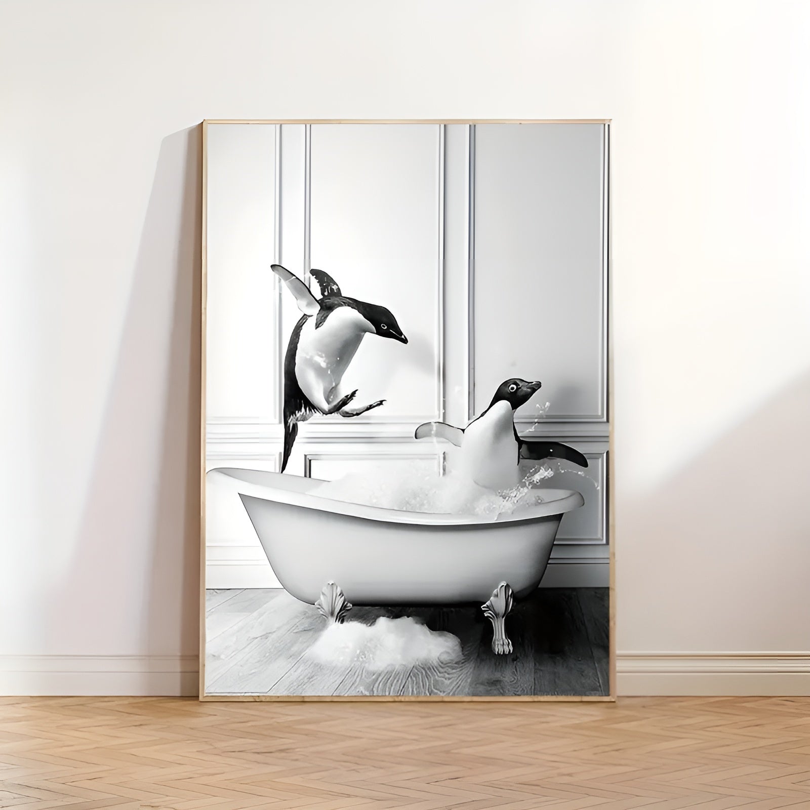 Penguin wall art poster in black and white for animal-themed bathroom decor
