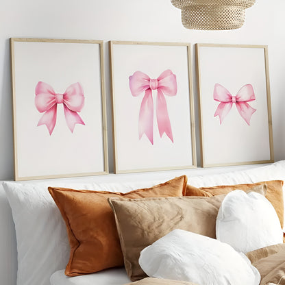 Set of three unframed pink bow canvas prints for modern home decor
