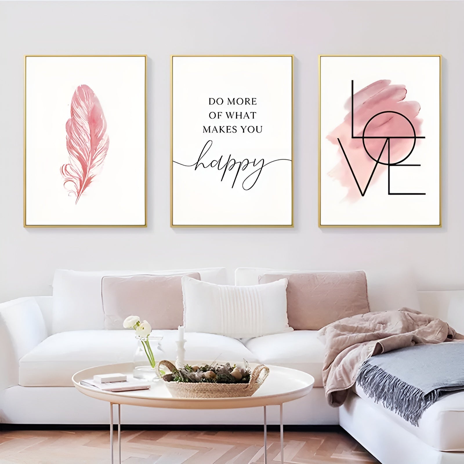 modern pink feather wall art for living room decor
