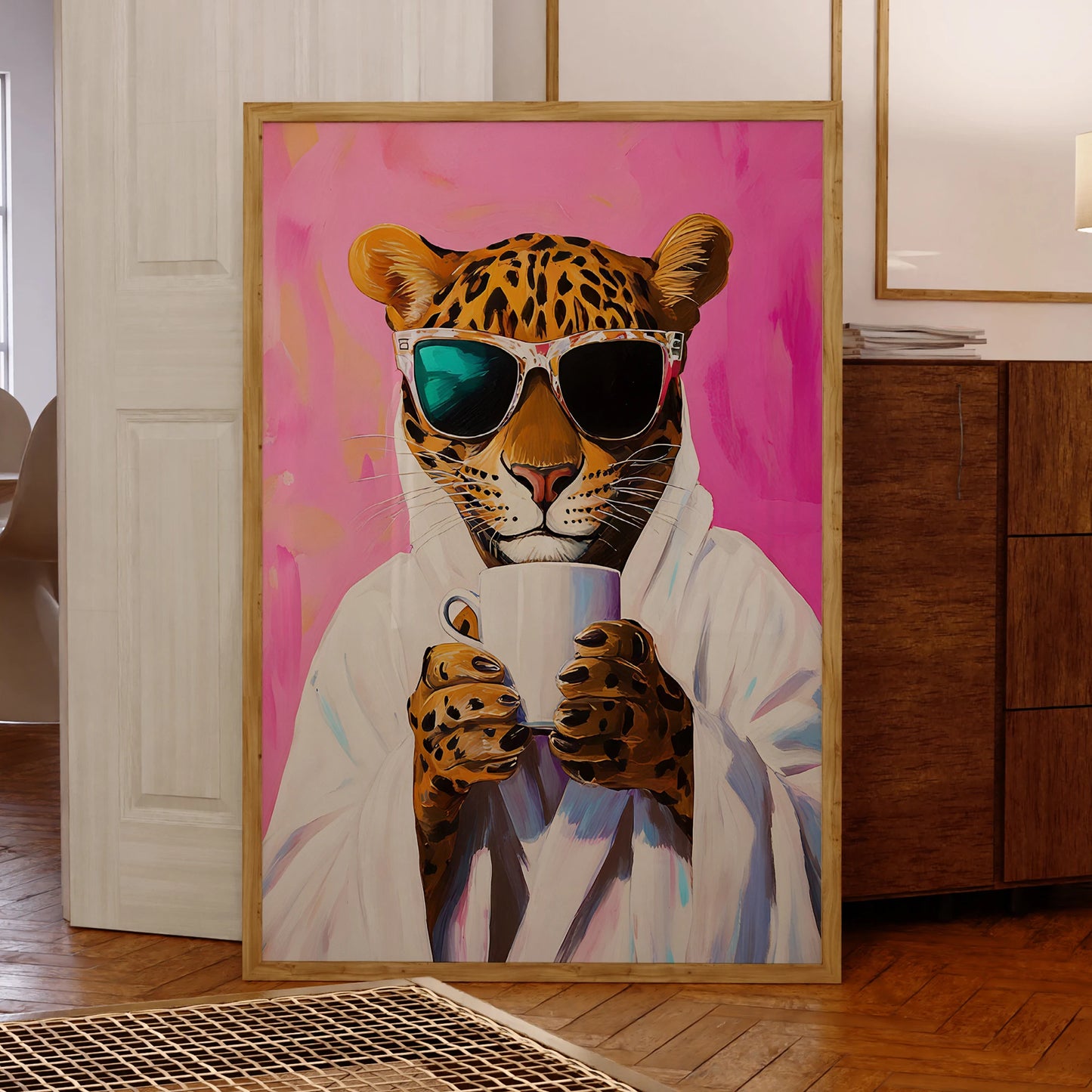 Modern pink leopard print wall art with coffee and drinks design

