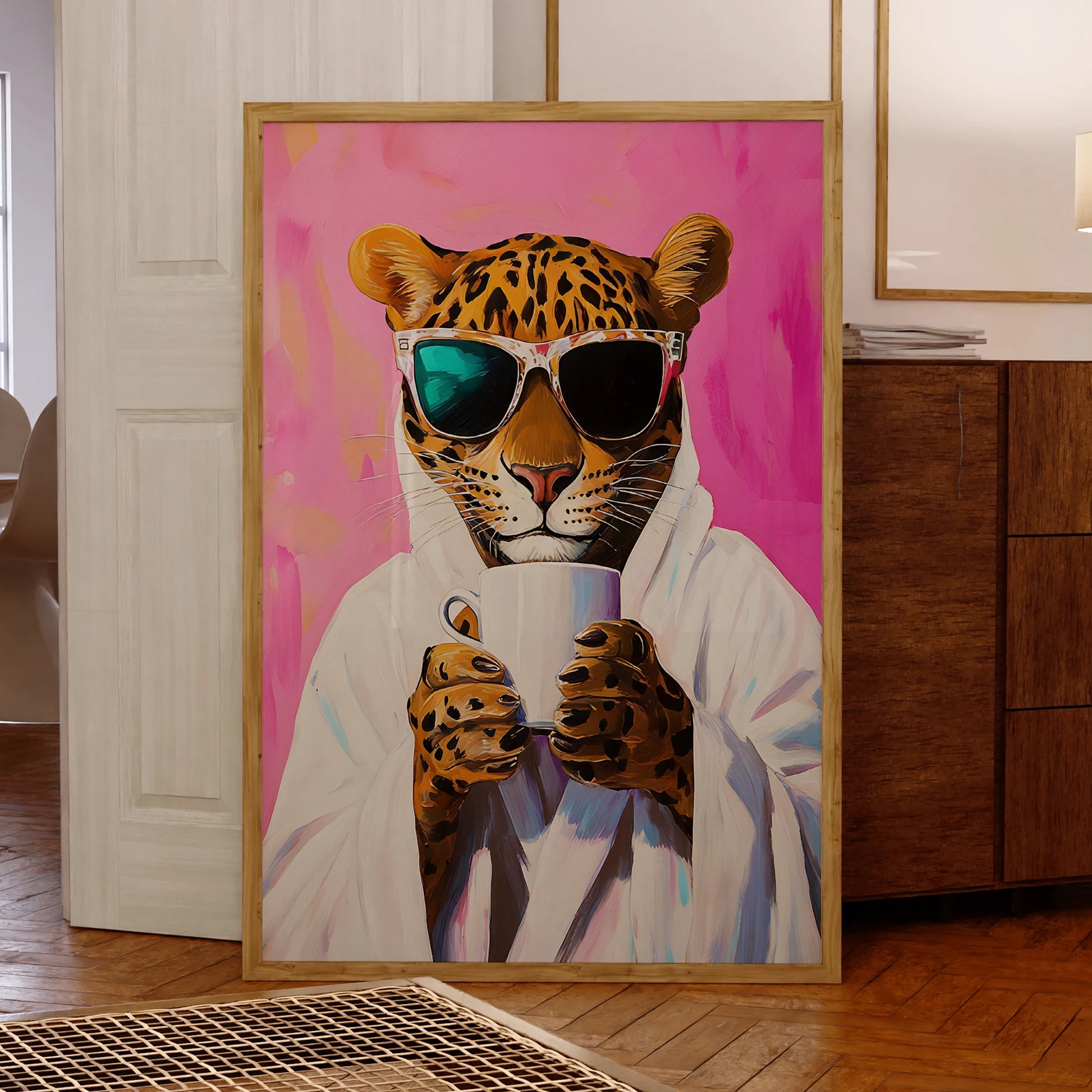 Modern pink leopard print wall art with coffee and drinks design

